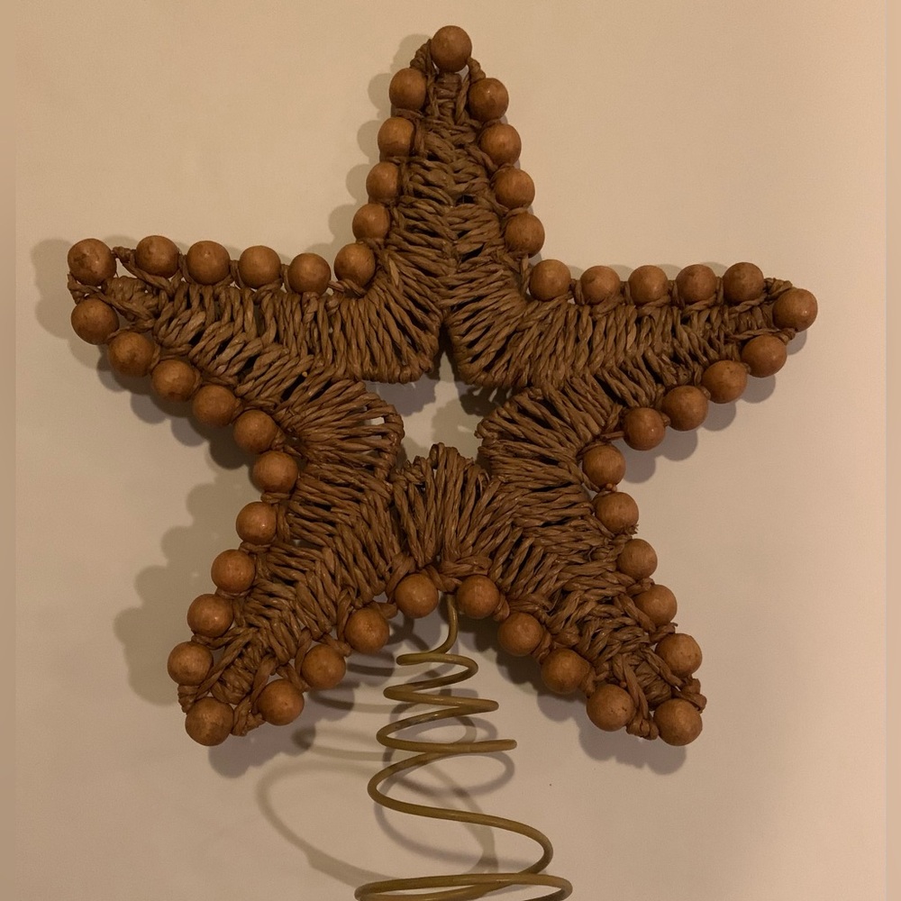 Natural Bohemian Woven Star Tree Topper With Wooden Beads
